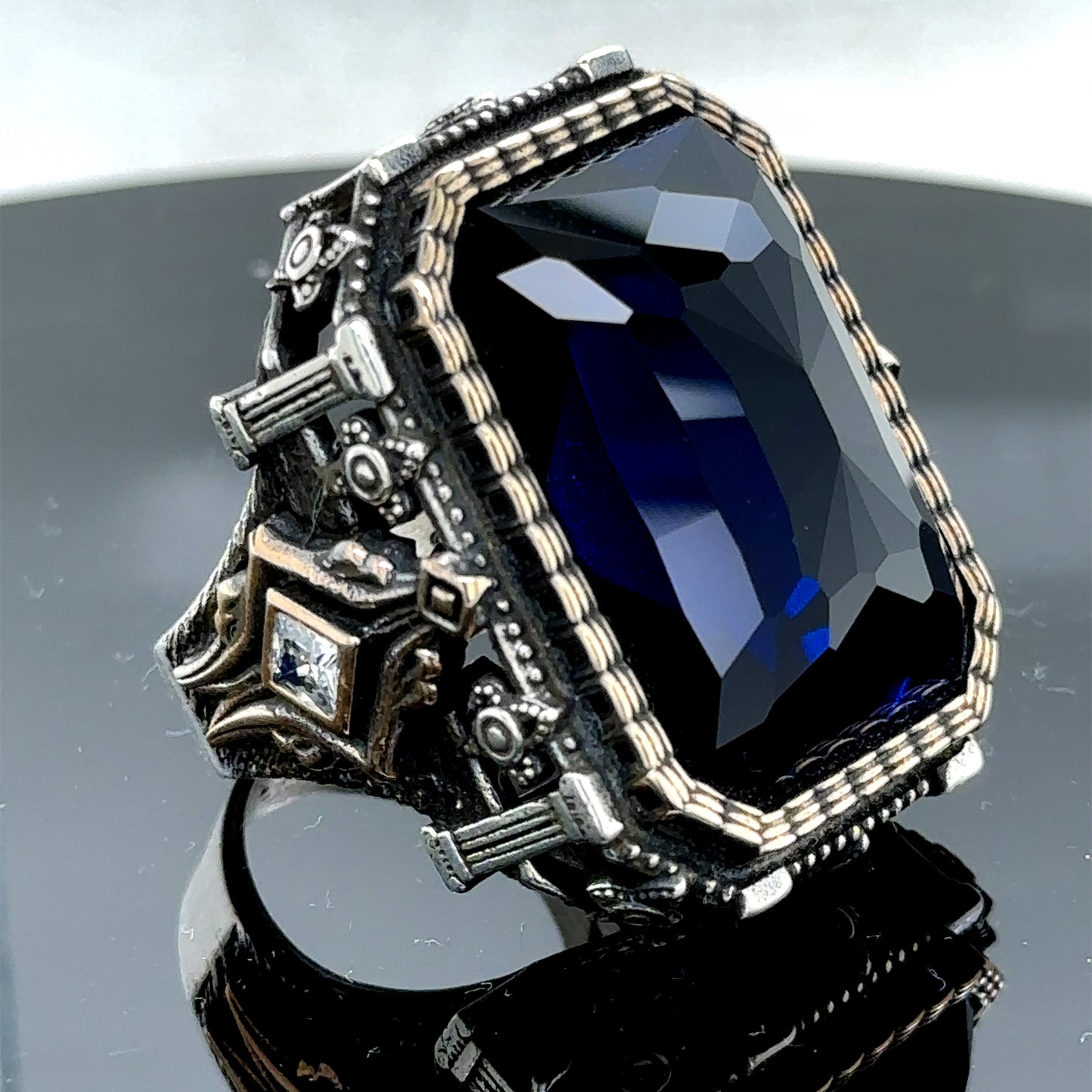 Men Large Sapphire Gemstone Square Ottoman Style Ring