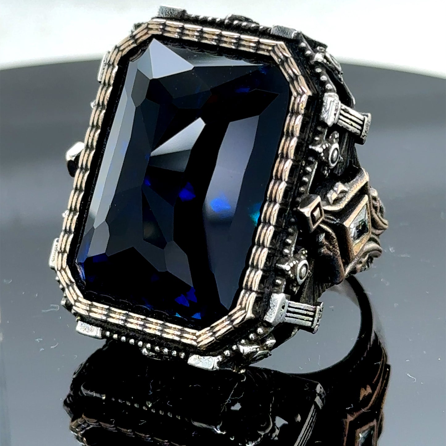 Men Large Sapphire Gemstone Square Ottoman Style Ring