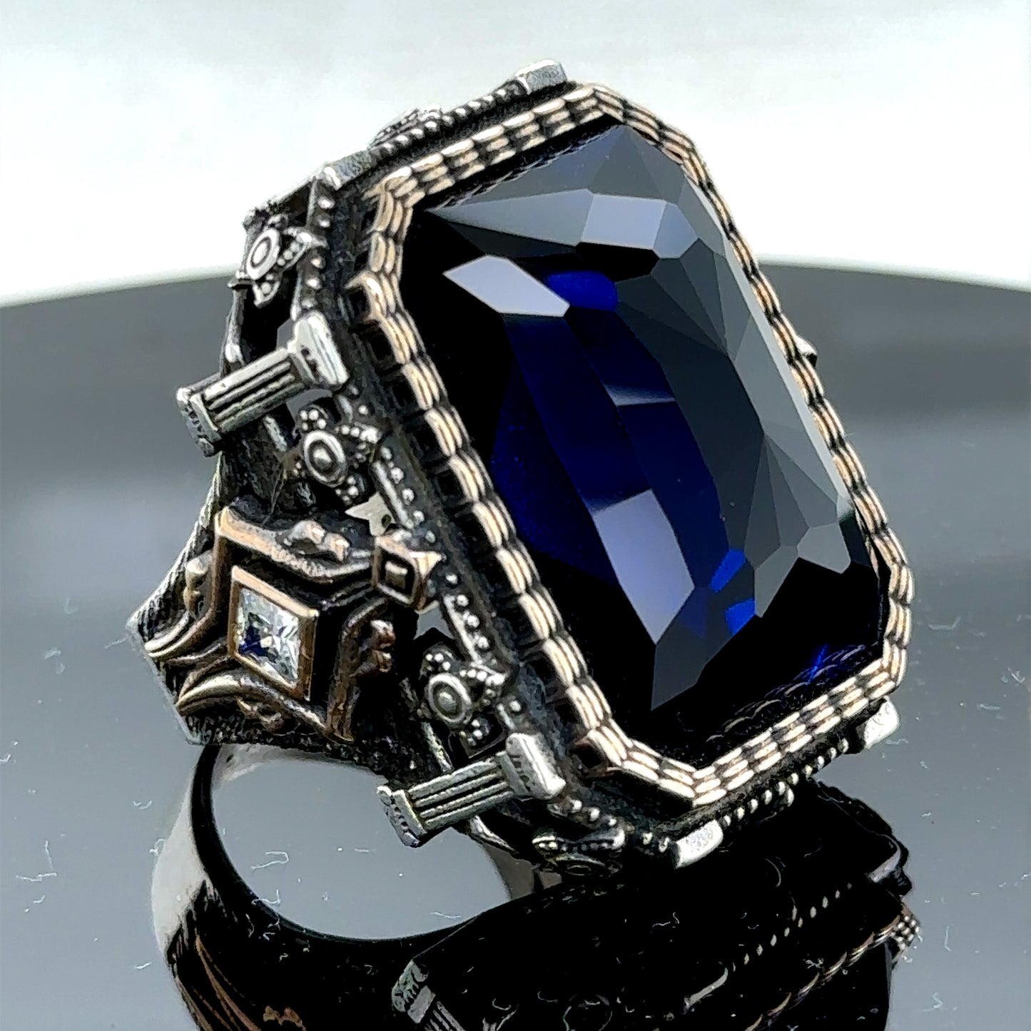 Men Large Sapphire Gemstone Square Ottoman Style Ring