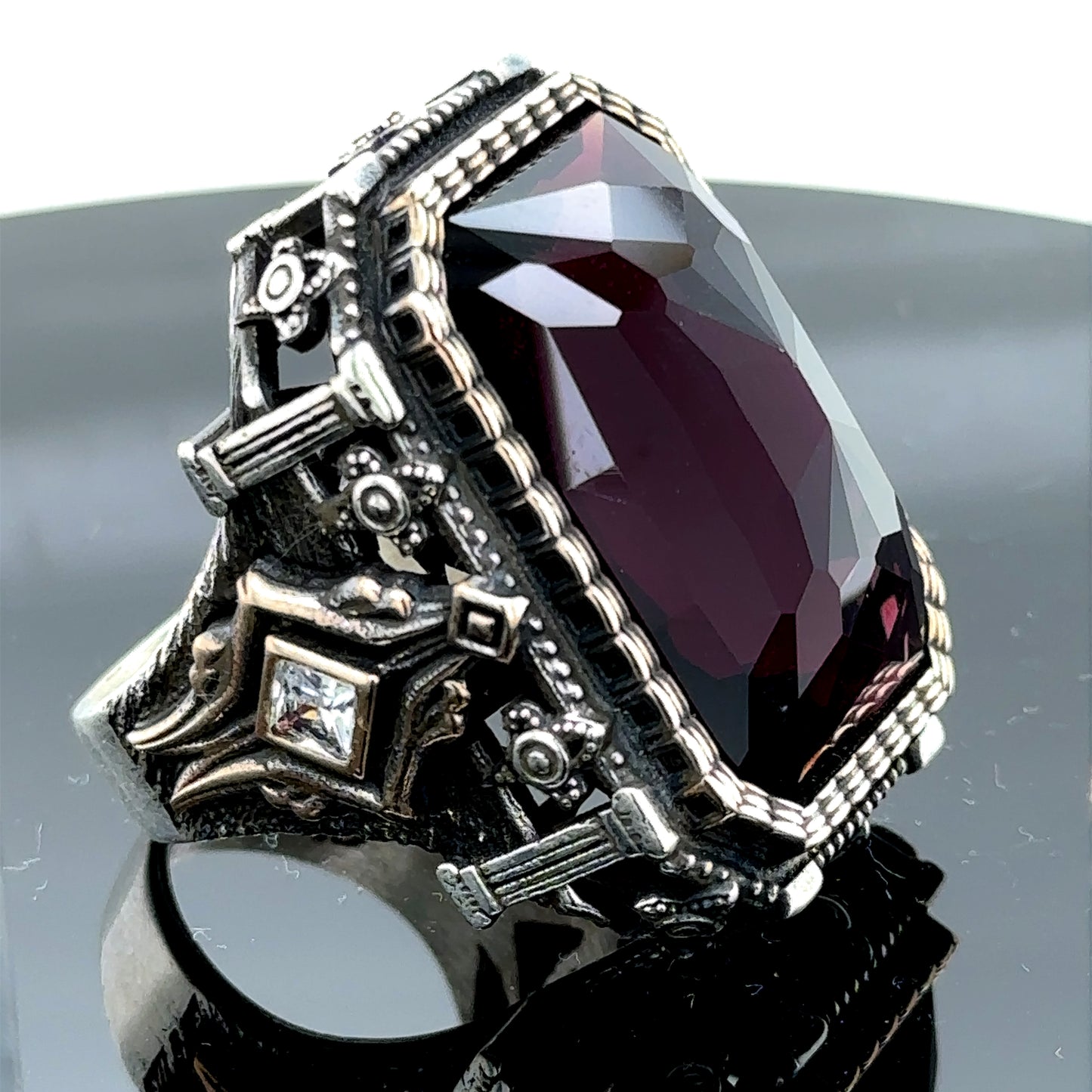 Men Silver Large Amethyst Gemstone Ottoman Ring