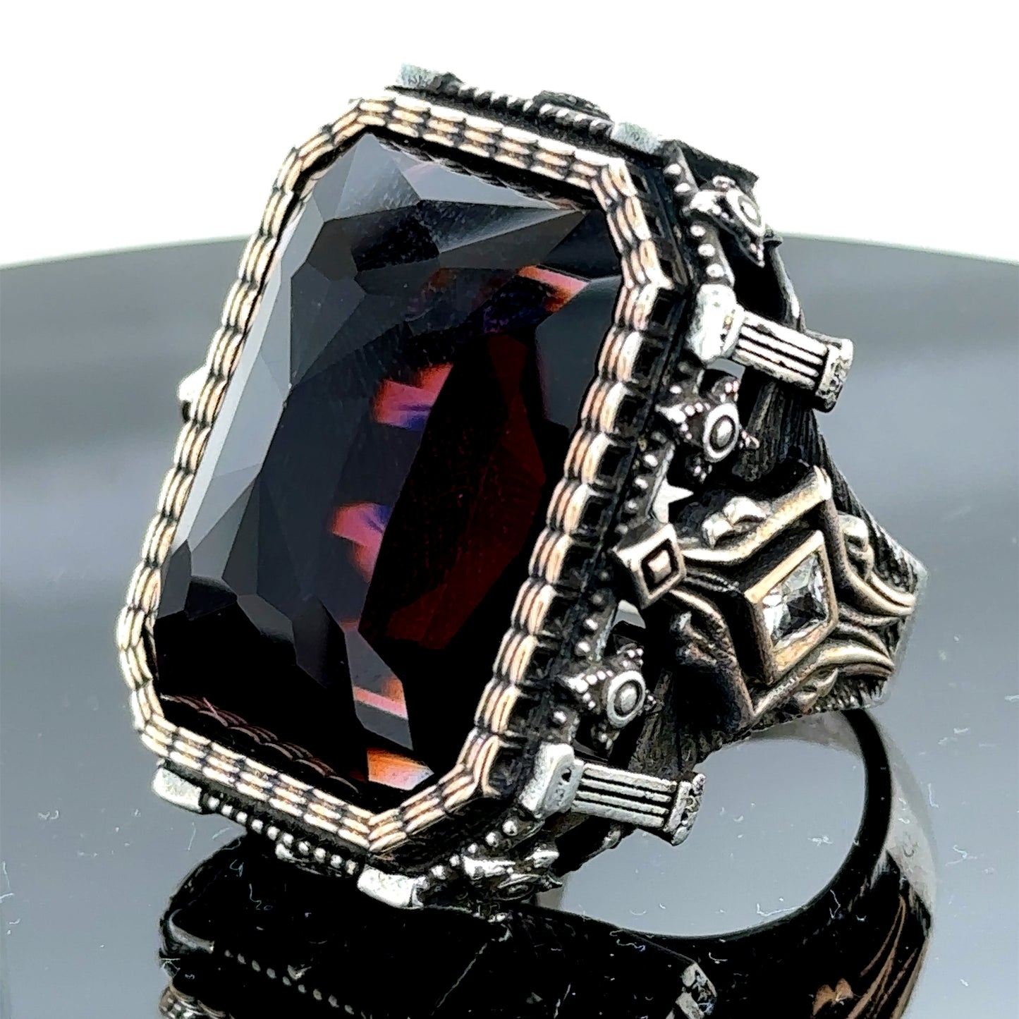 Men Silver Large Amethyst Gemstone Ottoman Ring