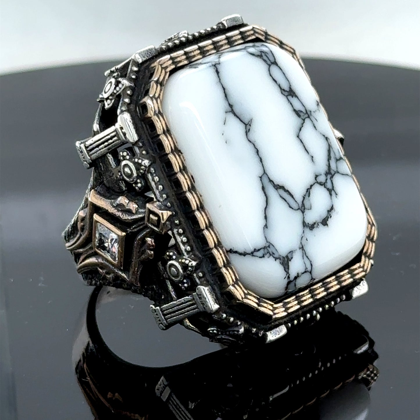 Men Silver Large White Turquoise Gemstone Men Ring