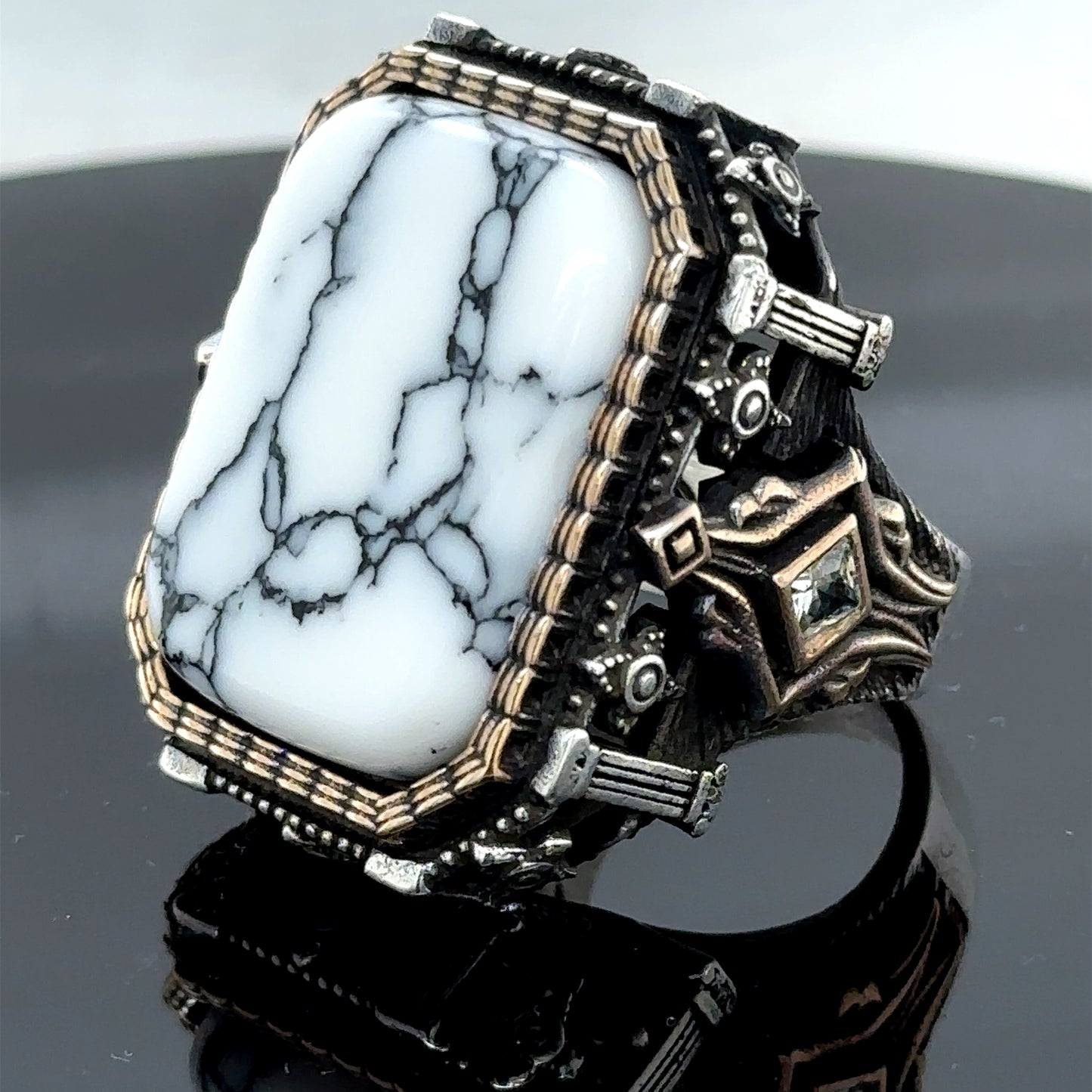 Men Silver Large White Turquoise Gemstone Men Ring