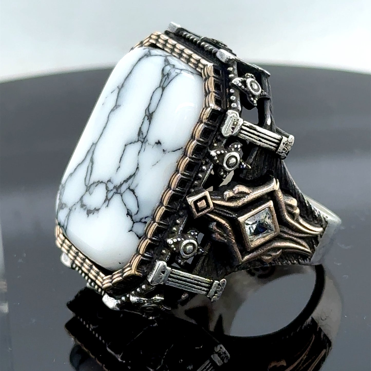 Men Silver Large White Turquoise Gemstone Men Ring