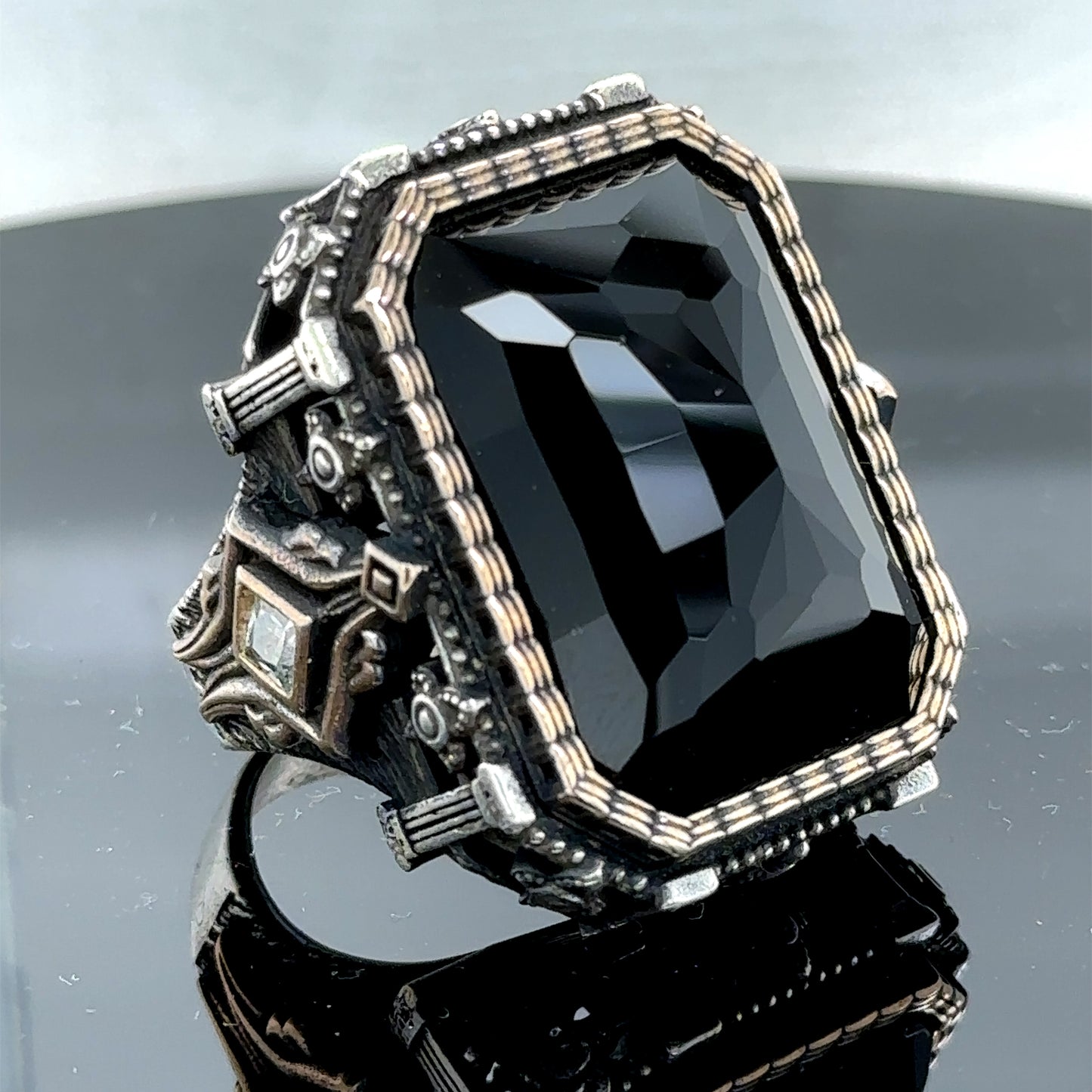 Men Silver Square Large Black Onyx Gemstone Ring