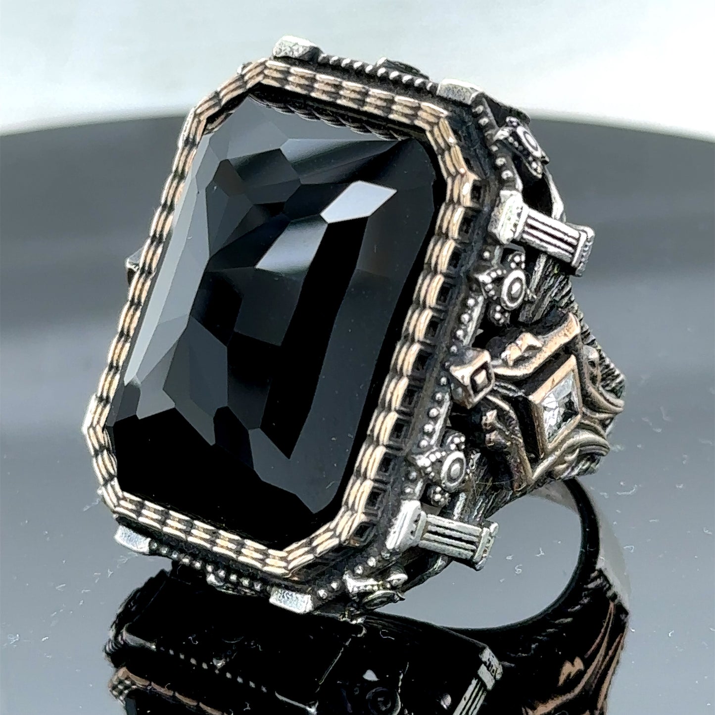 Men Silver Square Large Black Onyx Gemstone Ring