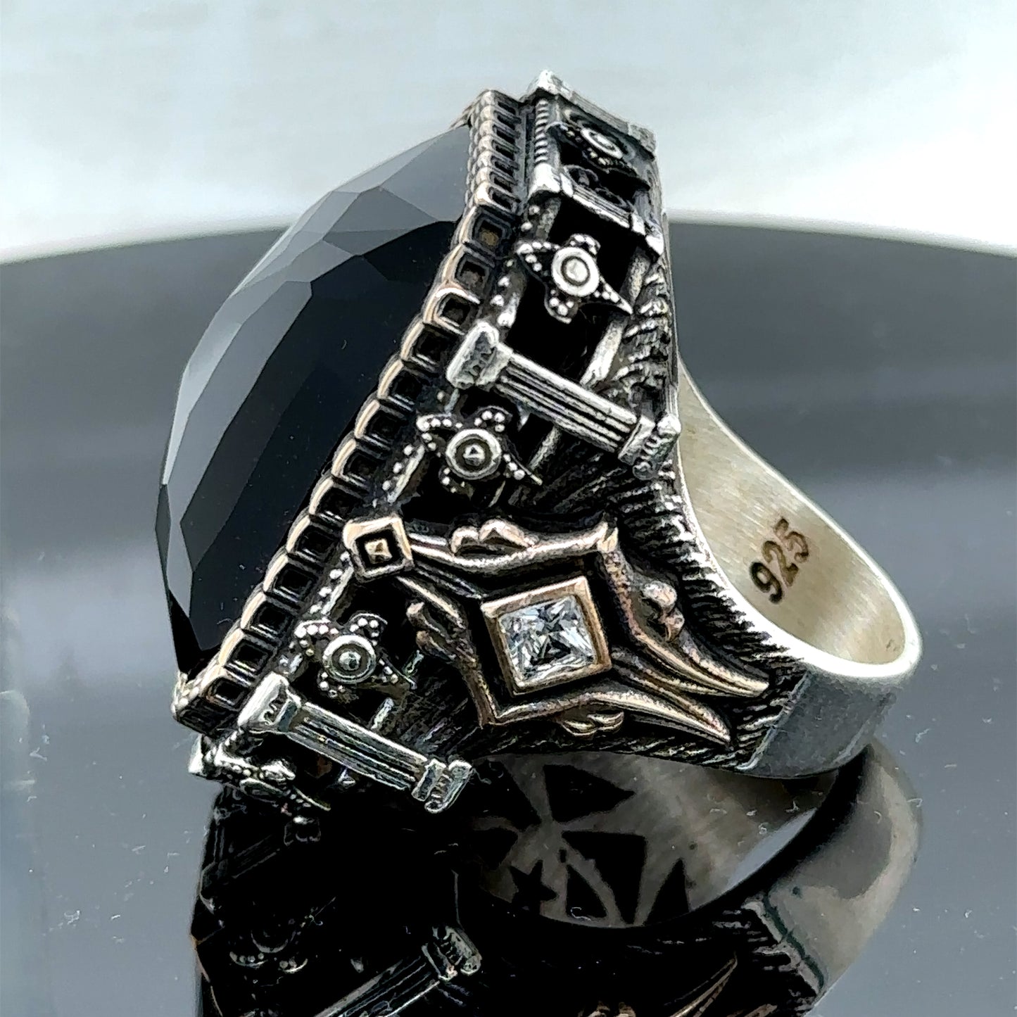 Men Silver Square Large Black Onyx Gemstone Ring