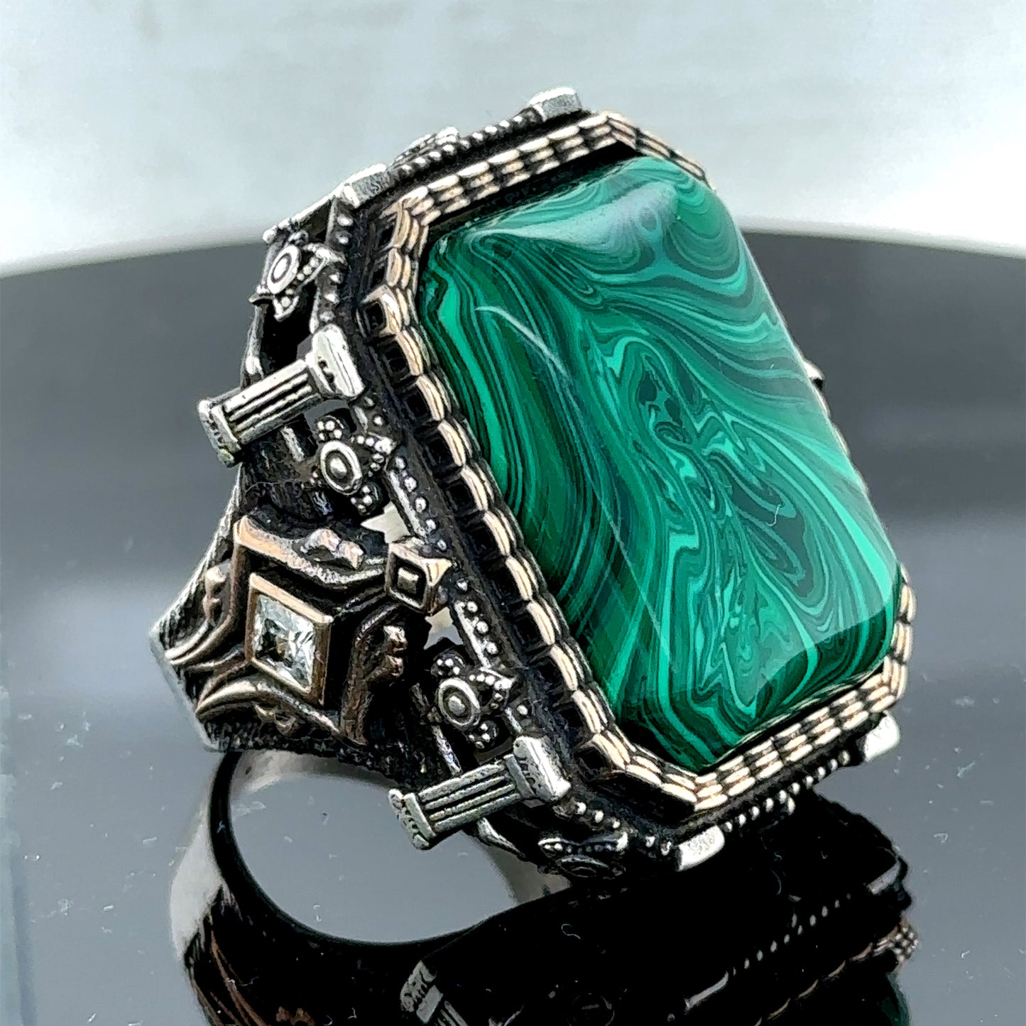 Men Silver Handmade Malachite Gemstone Large Ring