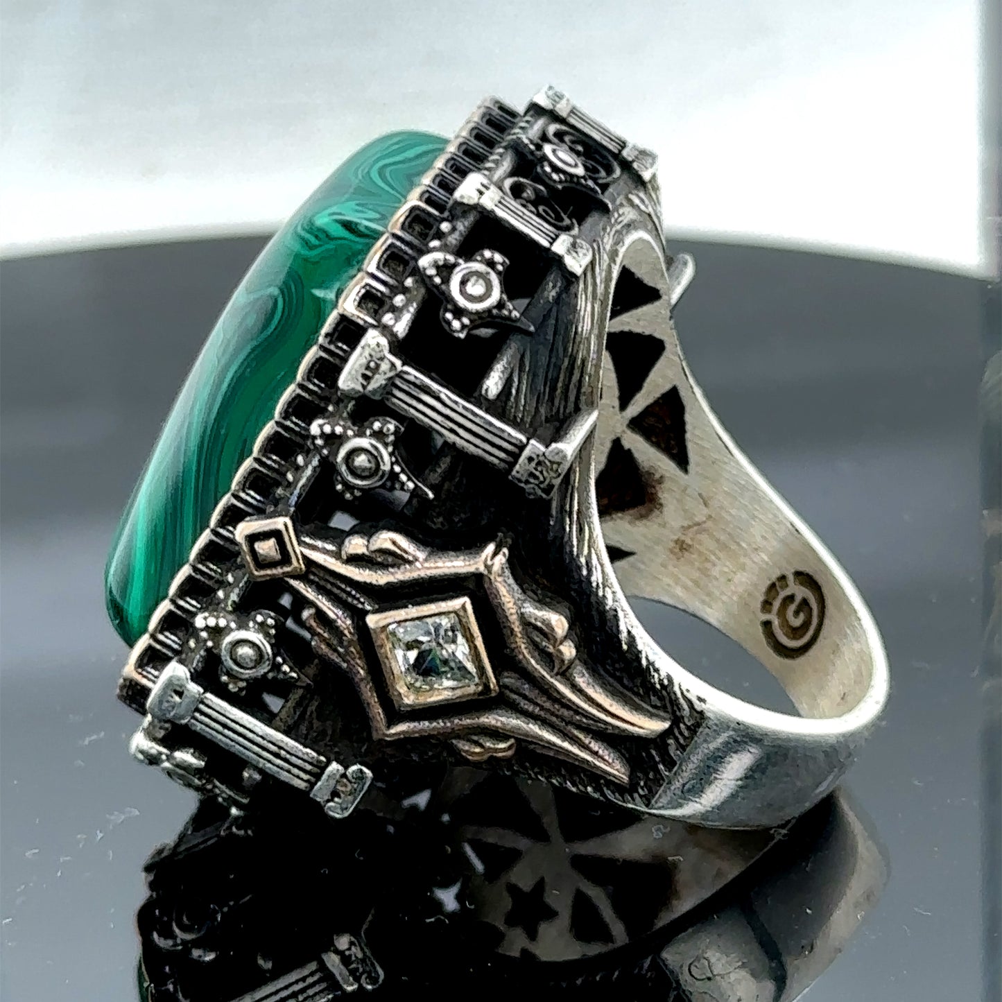 Men Silver Handmade Malachite Gemstone Large Ring