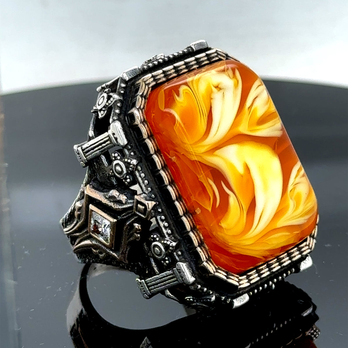 Men’s Handmade Silver Square Large Amber Stone Ring