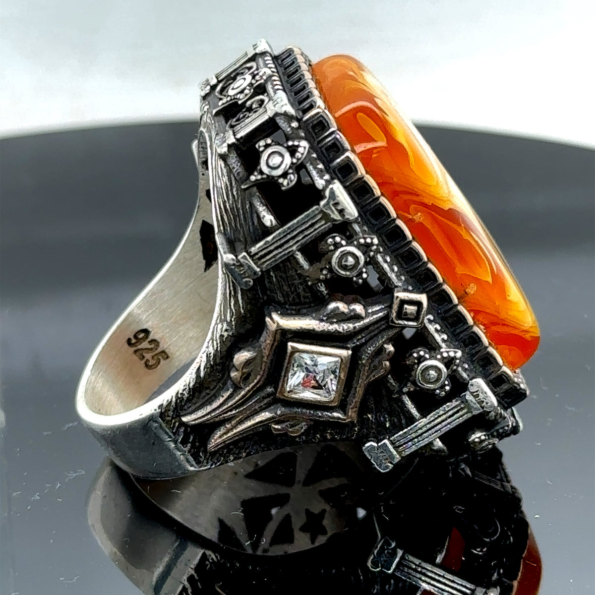Men’s Handmade Silver Square Large Amber Stone Ring