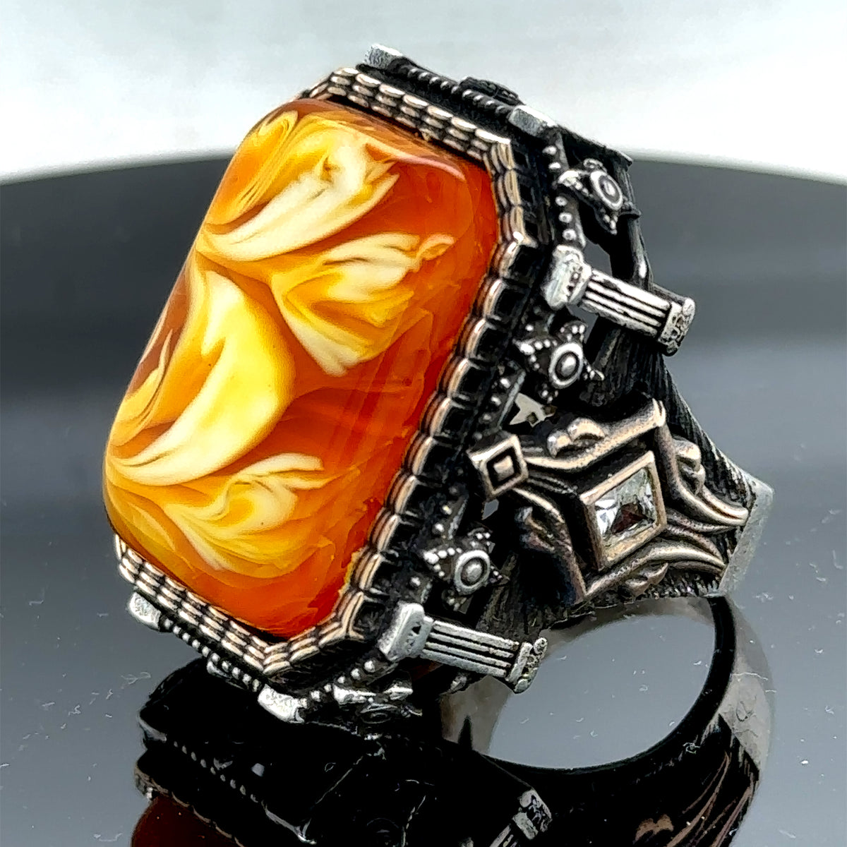 Men’s Handmade Silver Square Large Amber Stone Ring