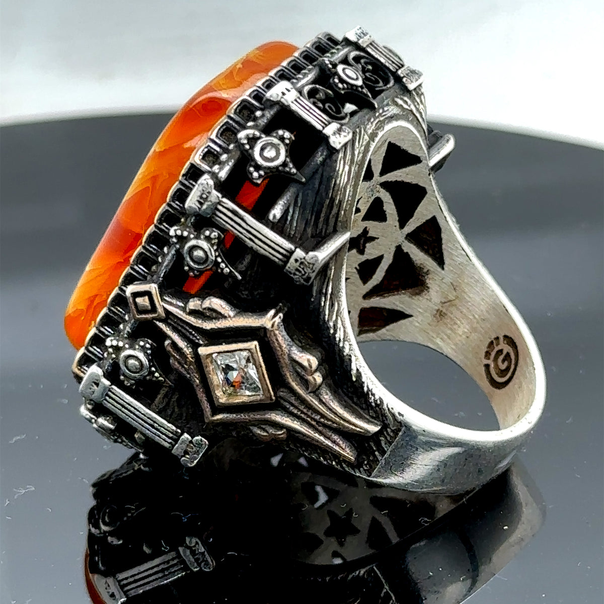 Men’s Handmade Silver Square Large Amber Stone Ring