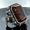 Men Silver Large Amber Gemstone Square Ring