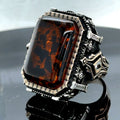 Men Silver Large Amber Gemstone Square Ring