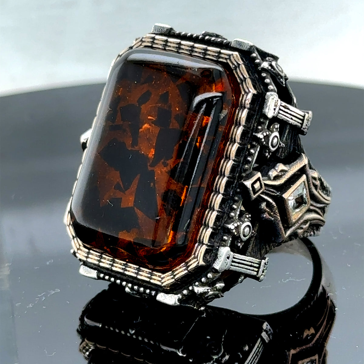 Men Silver Large Amber Gemstone Square Ring