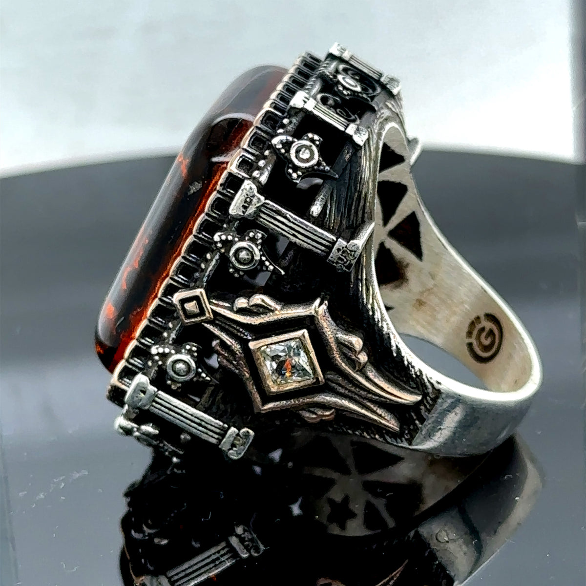 Men Silver Large Amber Gemstone Square Ring