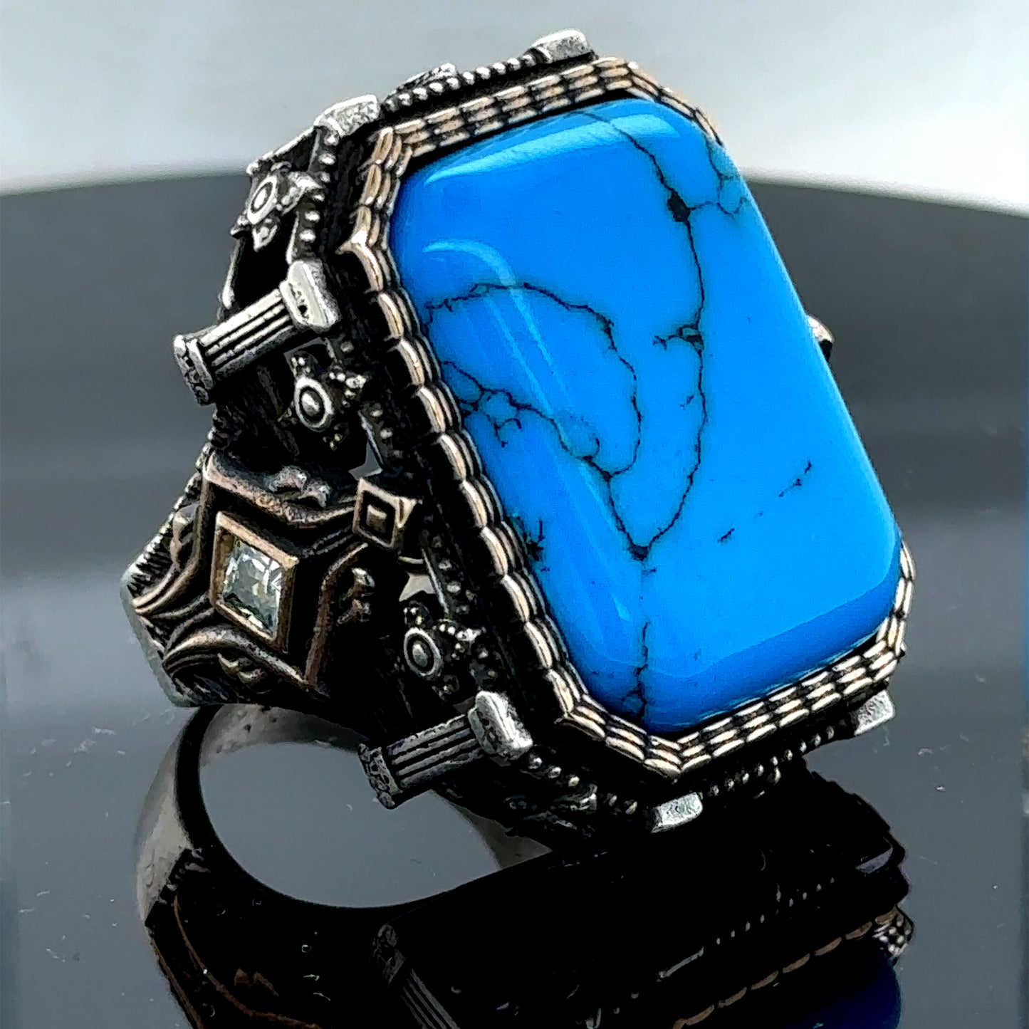 Men Silver Handmade Large Turquoise Gemstone Ottoman Ring