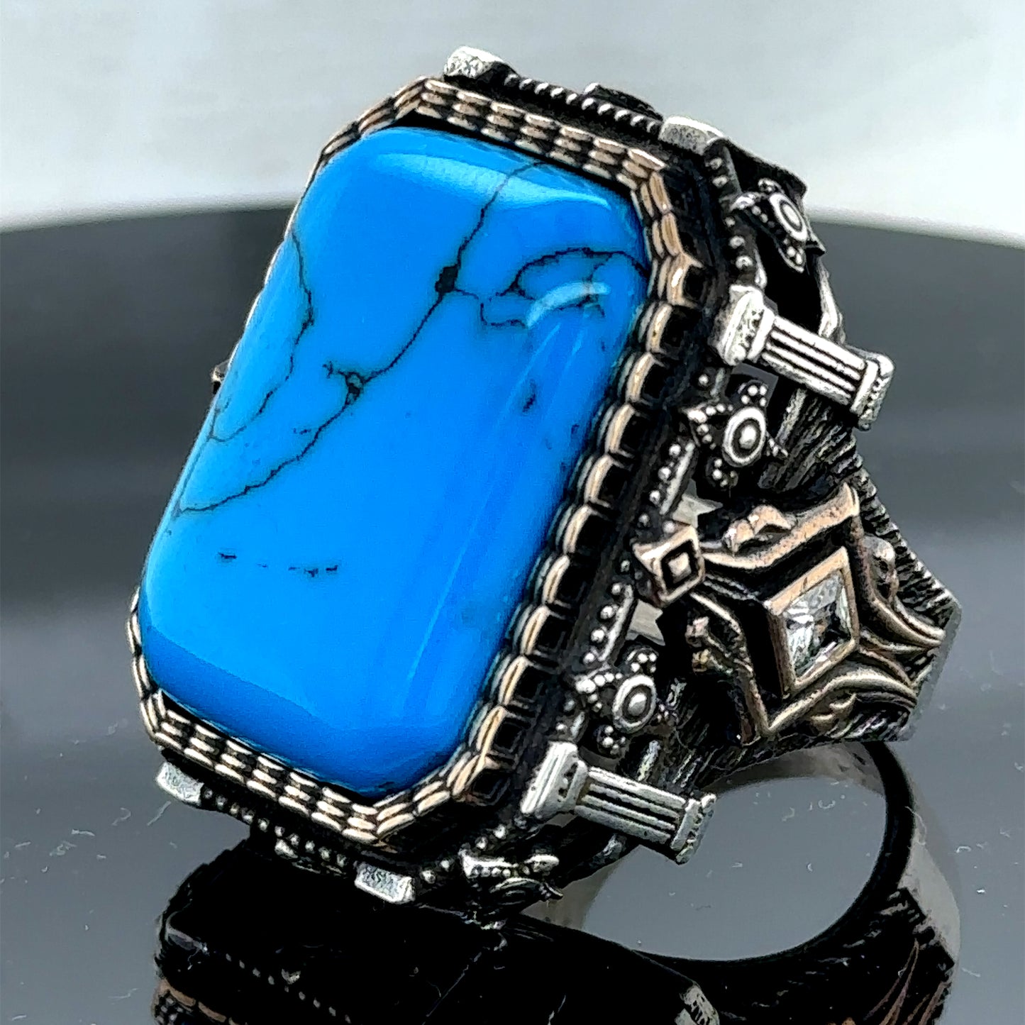 Men Silver Handmade Large Turquoise Gemstone Ottoman Ring