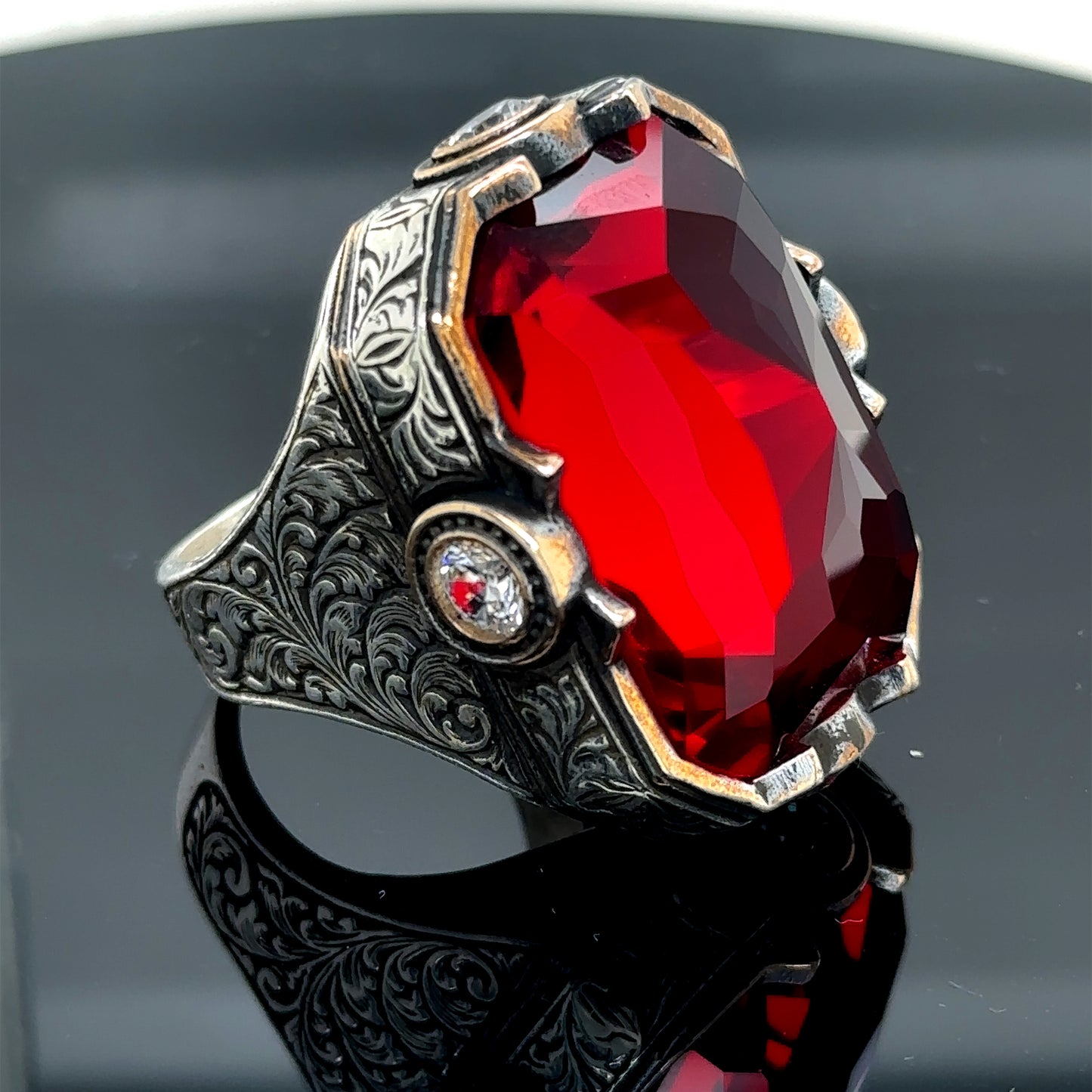 Men Silver Large Red Zircon Ruby Gemstone Large Ring