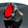 Men Silver Large Red Zircon Ruby Gemstone Large Ring