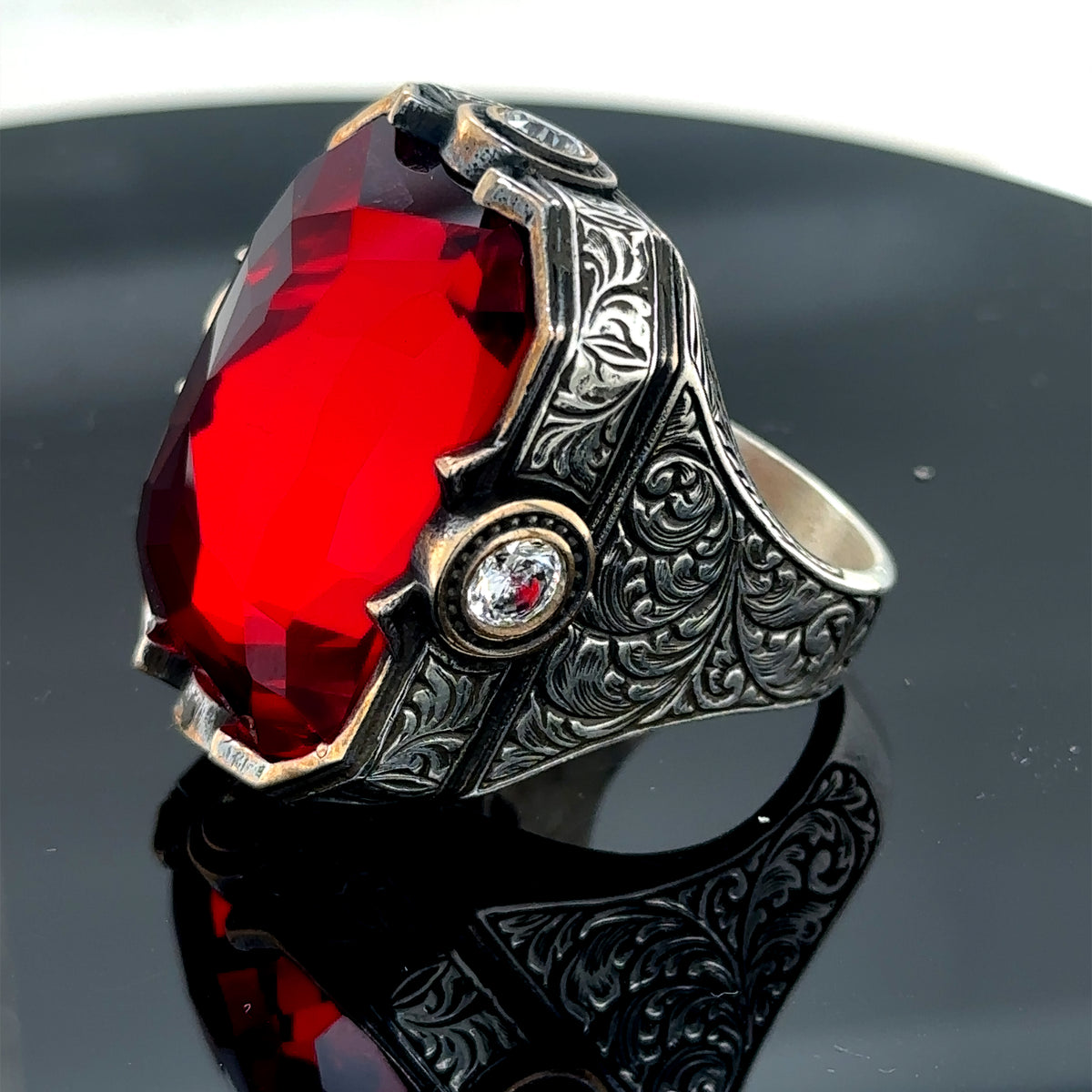 Men Silver Large Red Zircon Ruby Gemstone Large Ring