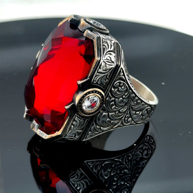 PAMTIER Men's Stainless Steel Vintage Square Ring With Red Zircon Gemstone - Gothic Biker Style Band