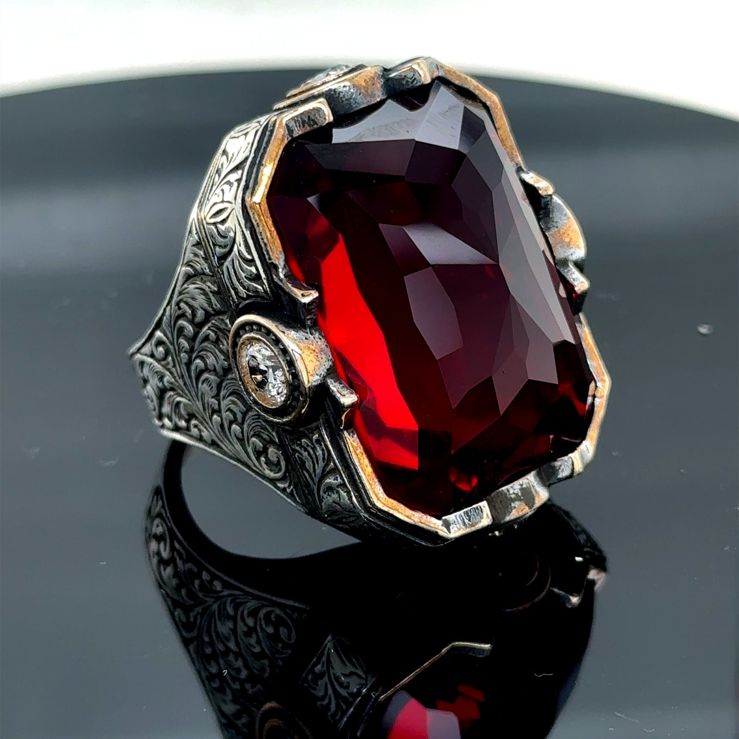 Men Silver Large Red Zircon Ruby Gemstone Large Ring