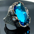 Men Silver Large Aquamarine Gemstone Handmade Men Ring