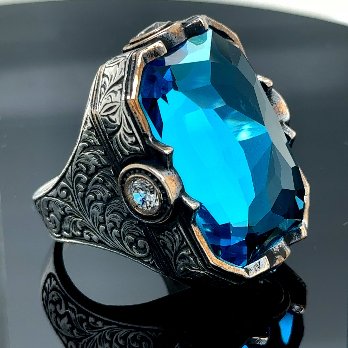 Men Silver Large Aquamarine Gemstone Handmade Men Ring