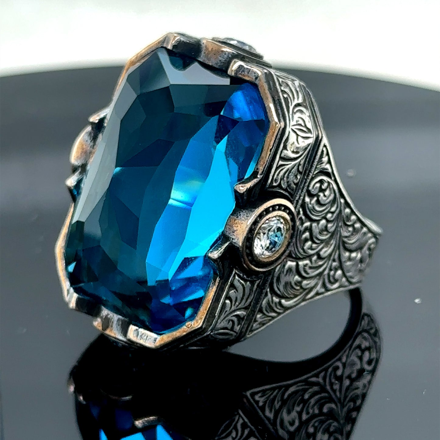 Men Silver Large Aquamarine Gemstone Handmade Men Ring