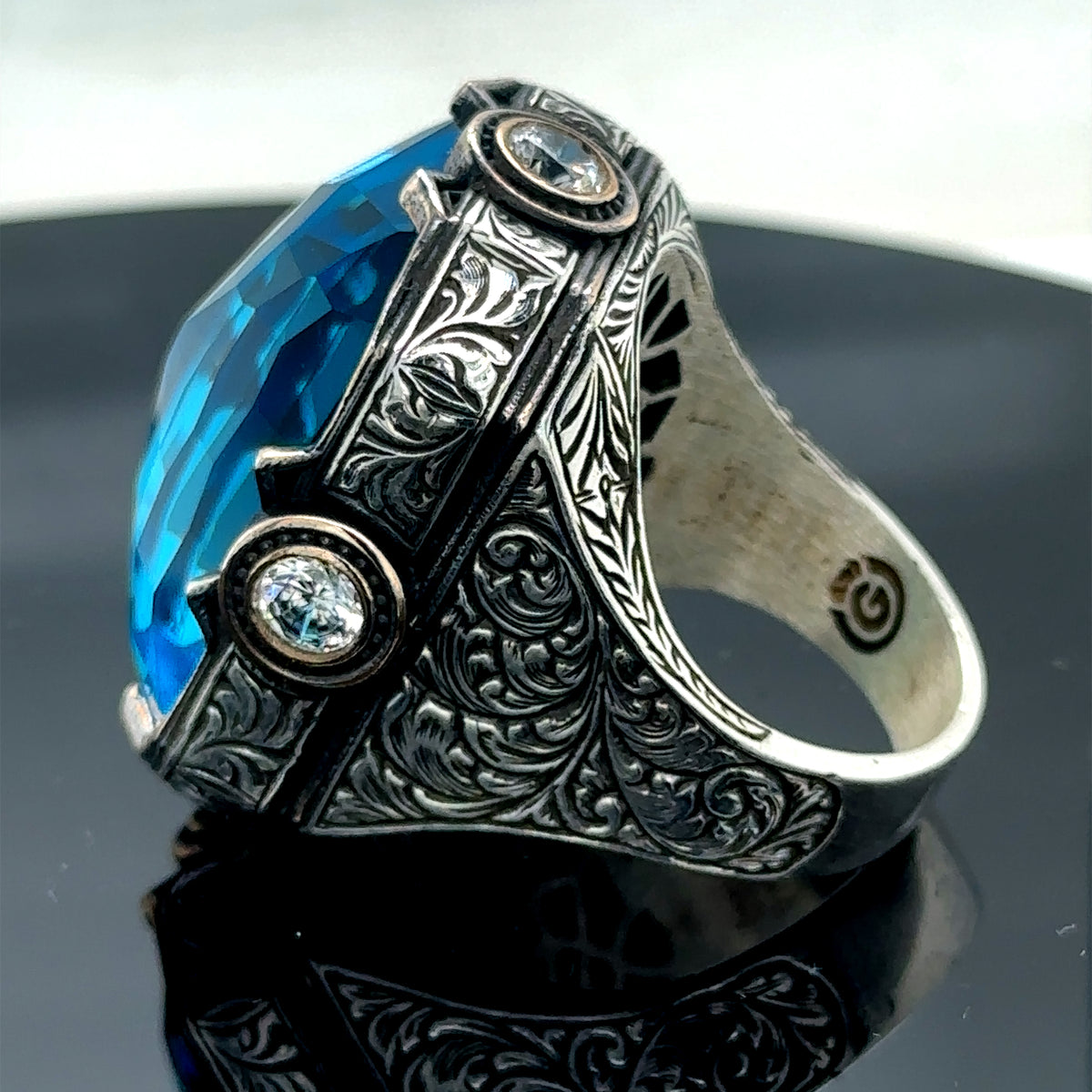 Men Silver Large Aquamarine Gemstone Handmade Men Ring