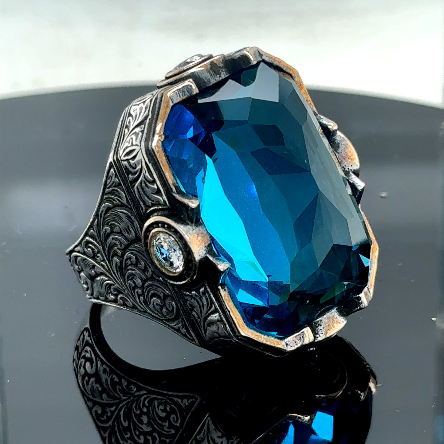 Men Silver Large Aquamarine Gemstone Handmade Men Ring