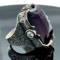 Men Silver Engraved Large Amethyst Gemstone Handmade Ring
