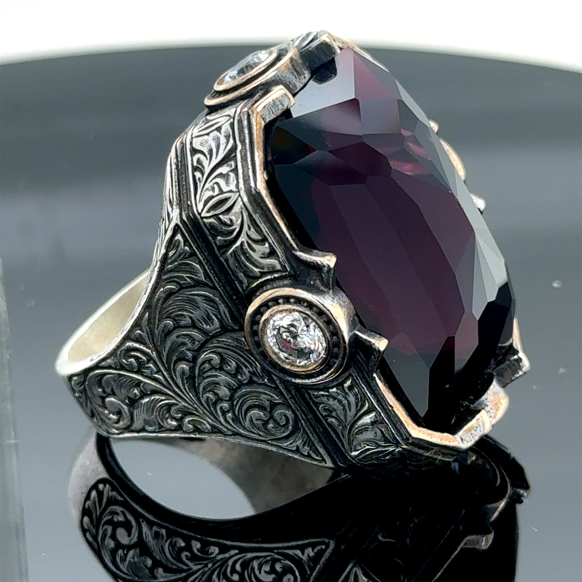 Men Silver Engraved Large Amethyst Gemstone Handmade Ring