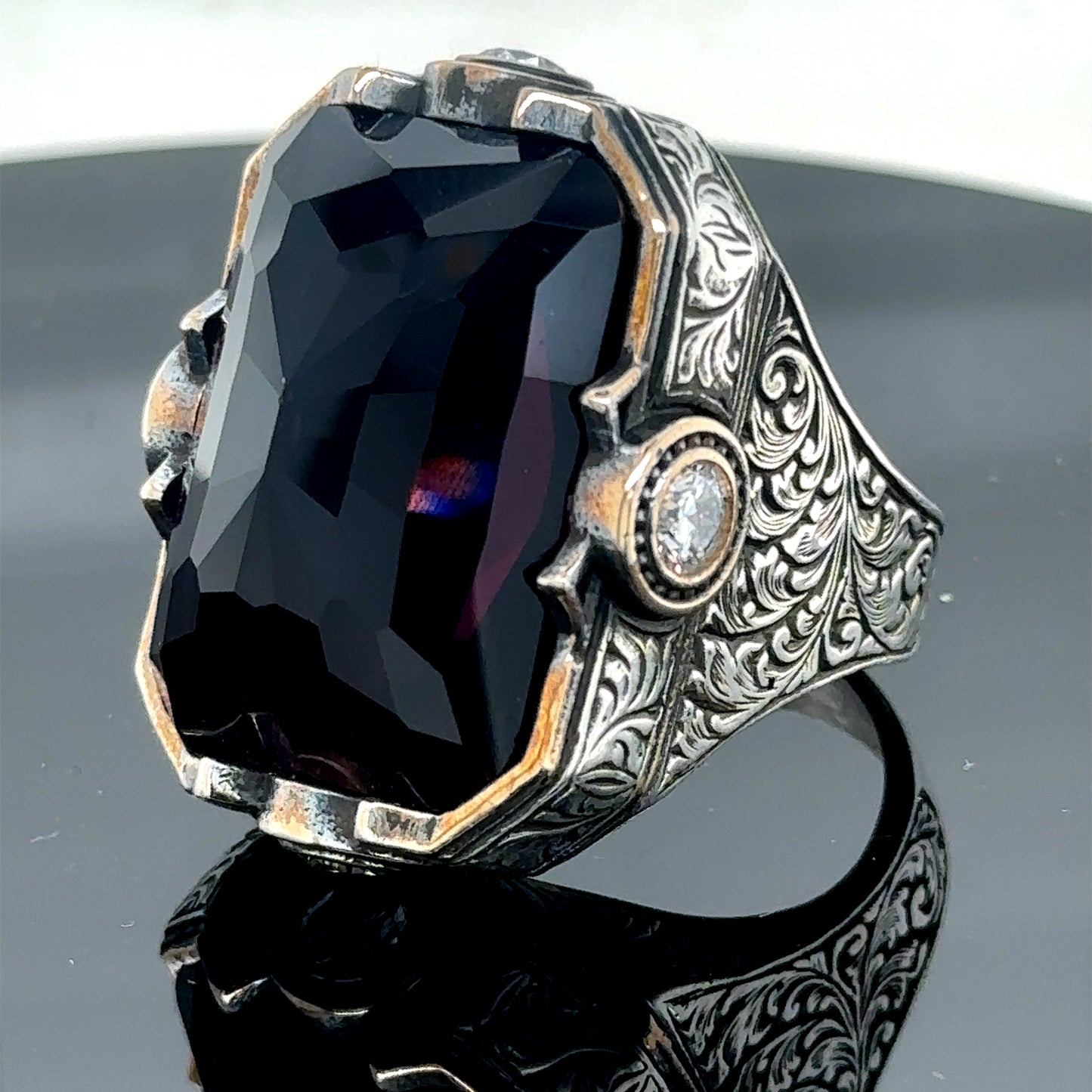 Men Silver Engraved Large Amethyst Gemstone Handmade Ring