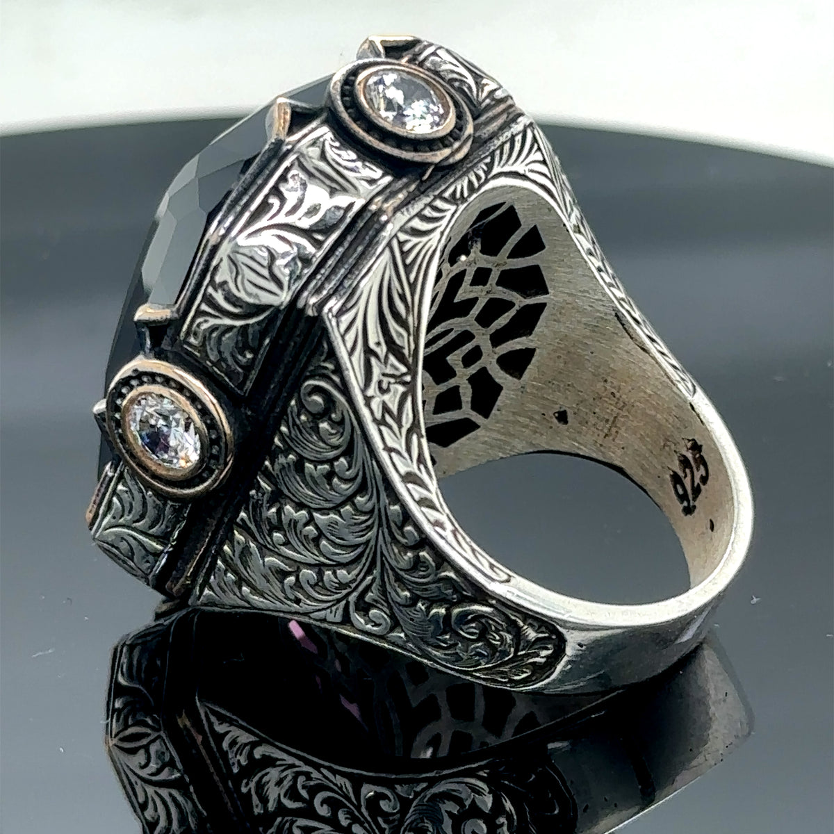 Men Silver Engraved Large Amethyst Gemstone Handmade Ring