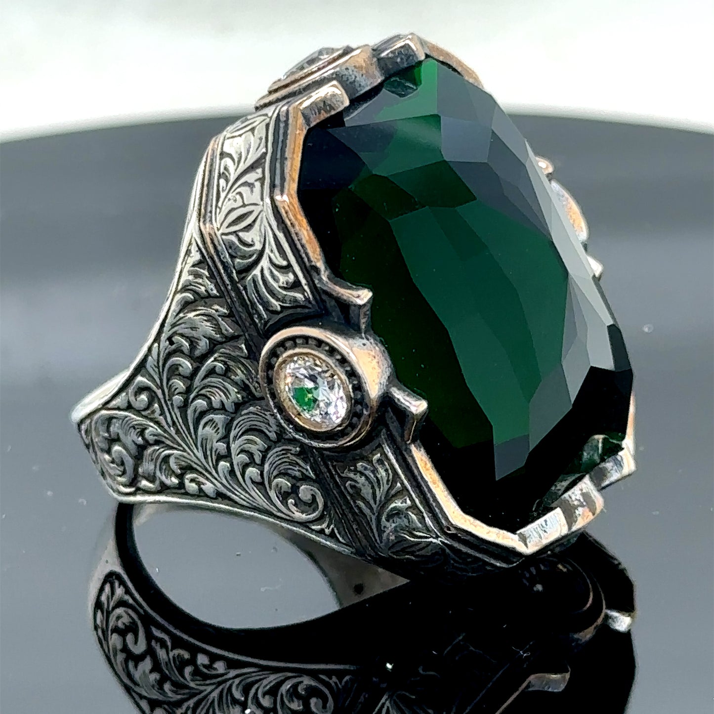 Men Silver Large Green Zircon Emerald Gemstone Ring