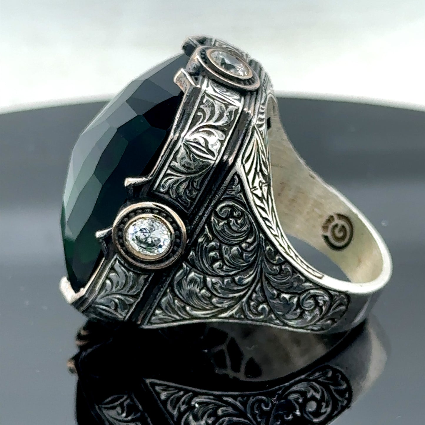 Men Silver Large Green Zircon Emerald Gemstone Ring