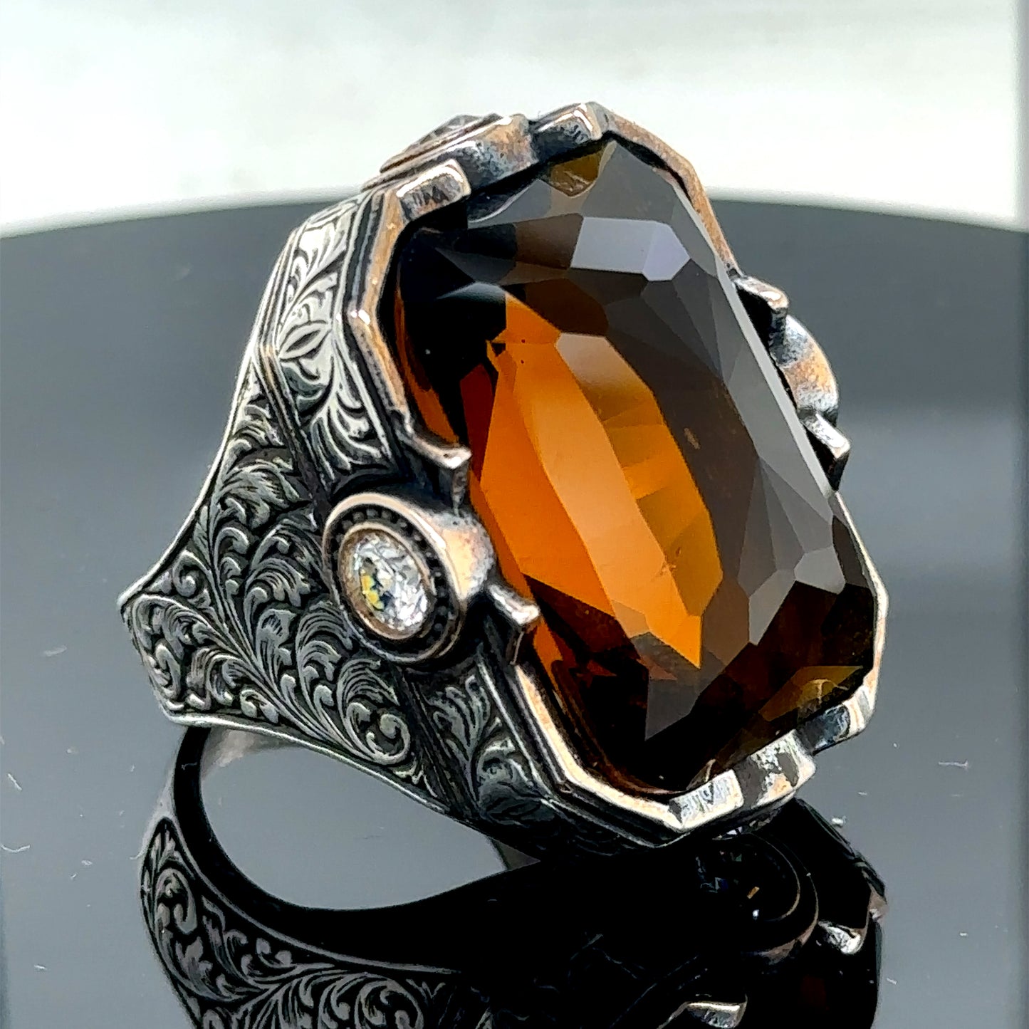 Men Silver Handmade Engraved Large Citrine Gemstone Ring