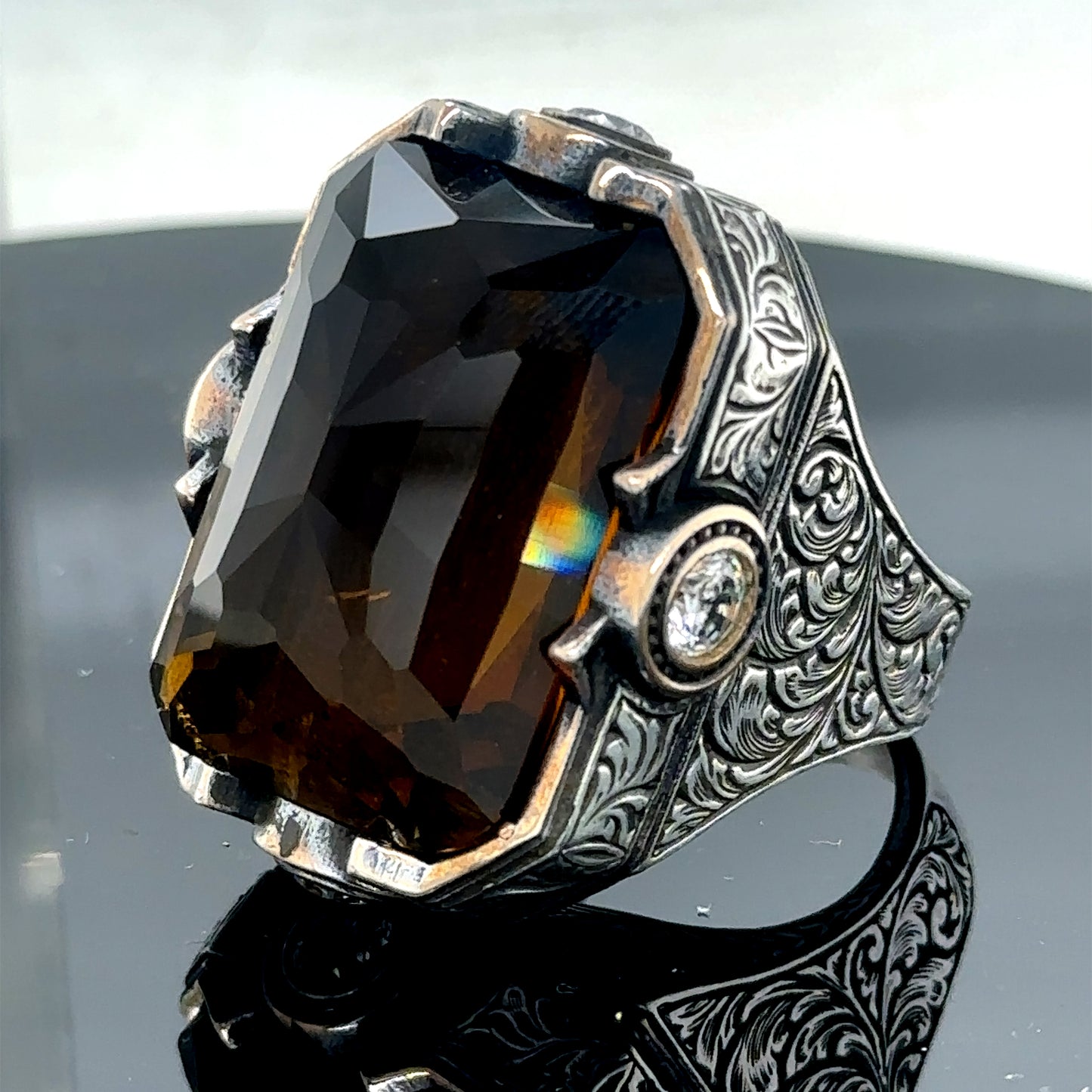 Men Silver Handmade Engraved Large Citrine Gemstone Ring