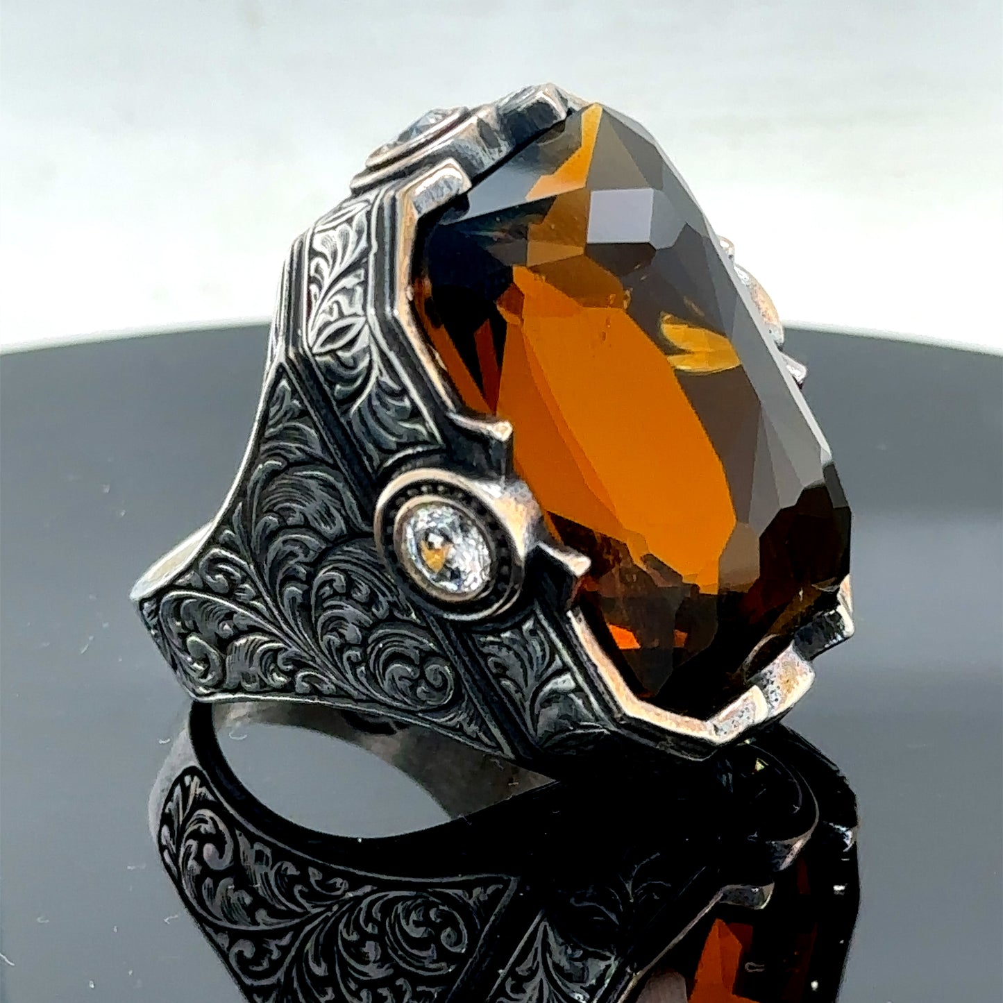 Men Silver Handmade Engraved Large Citrine Gemstone Ring