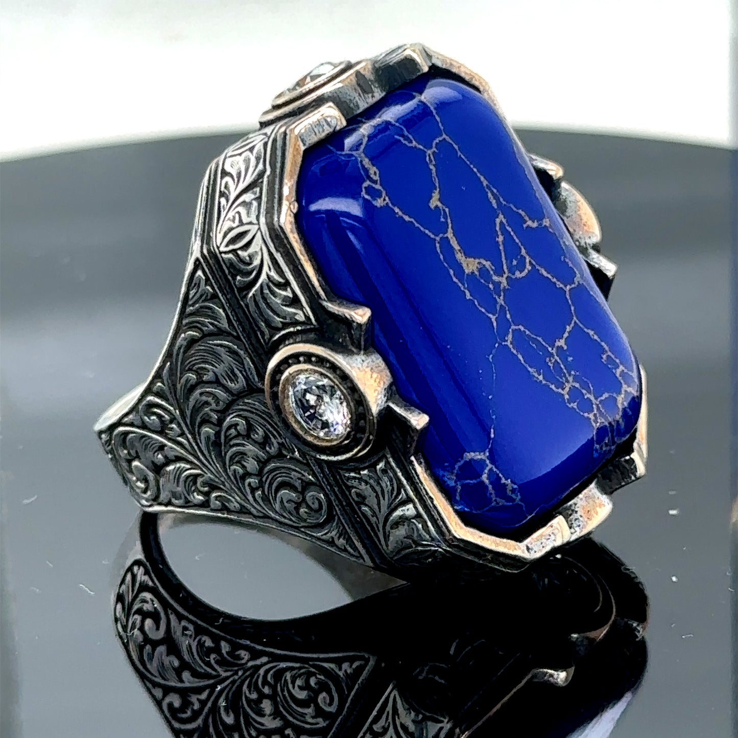 Men Silver Engraved Large Natural Lapis Lazuli Ring