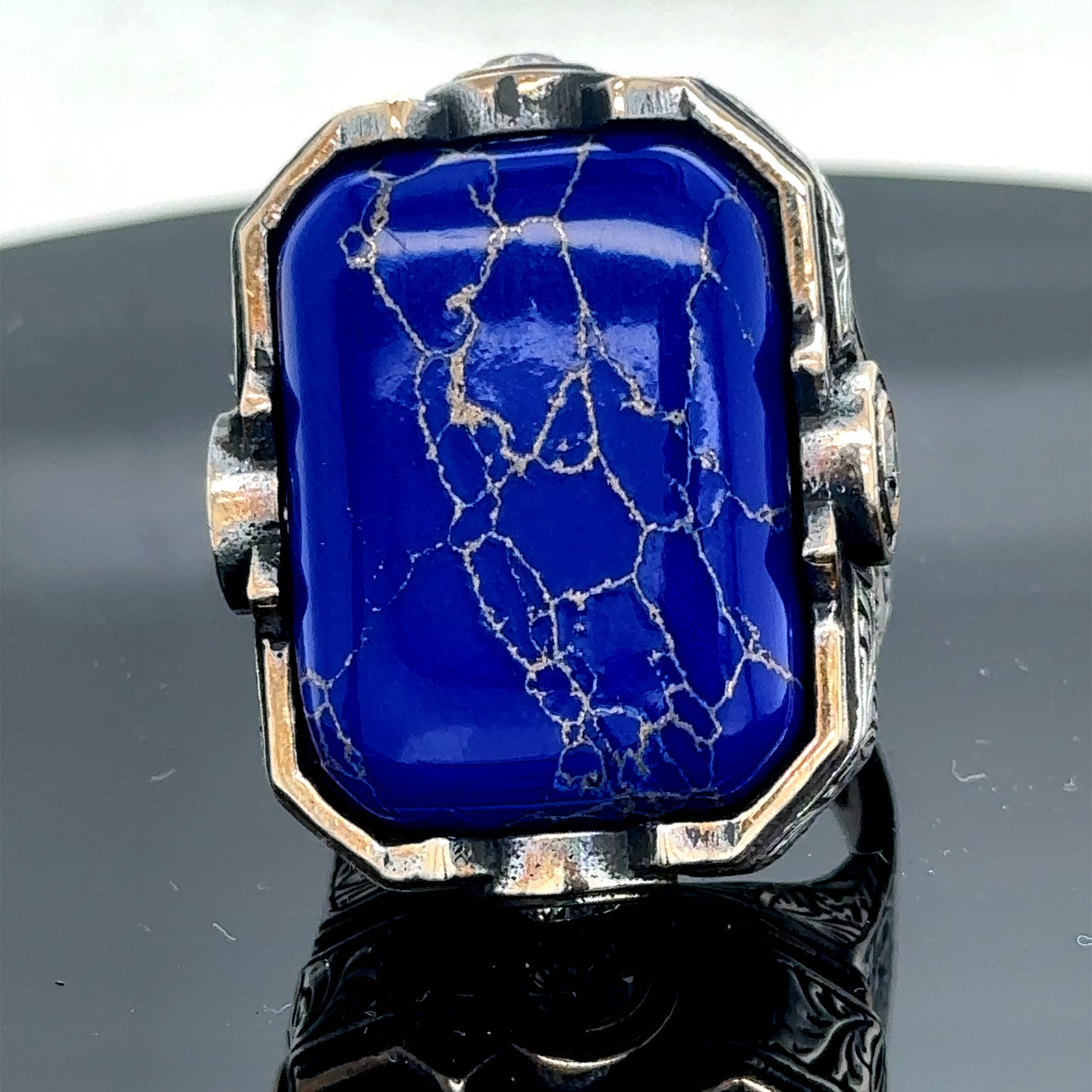 Men Silver Engraved Large Natural Lapis Lazuli Ring