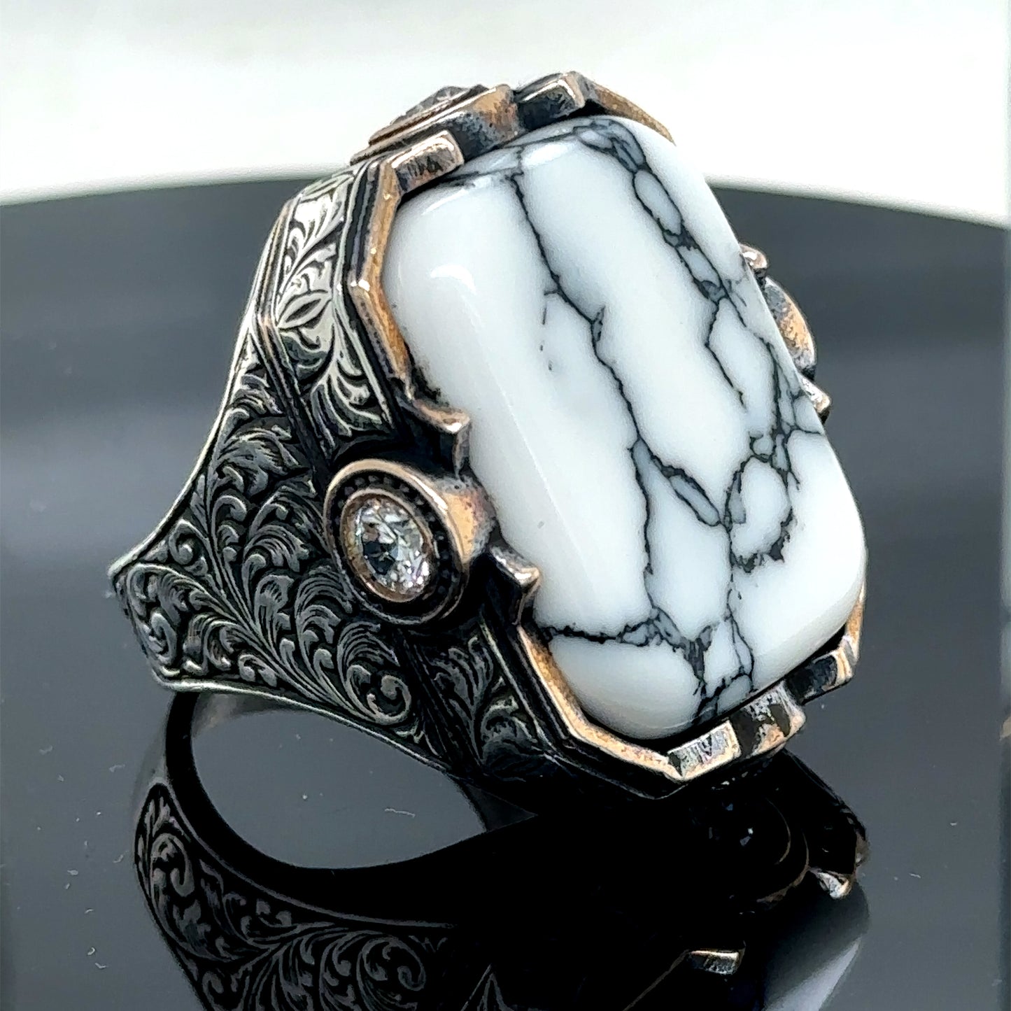 Men Silver Large White Turquoise Gemstone Ring