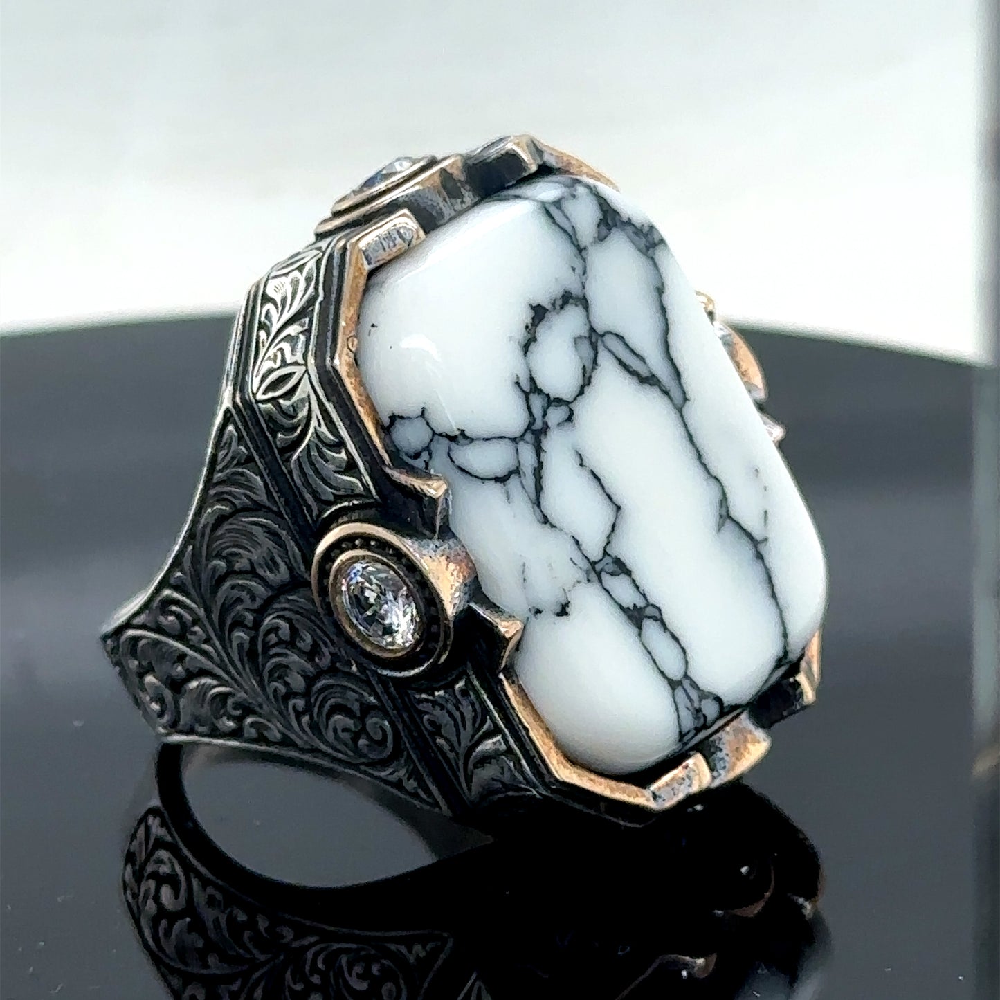 Men Silver Large White Turquoise Gemstone Ring