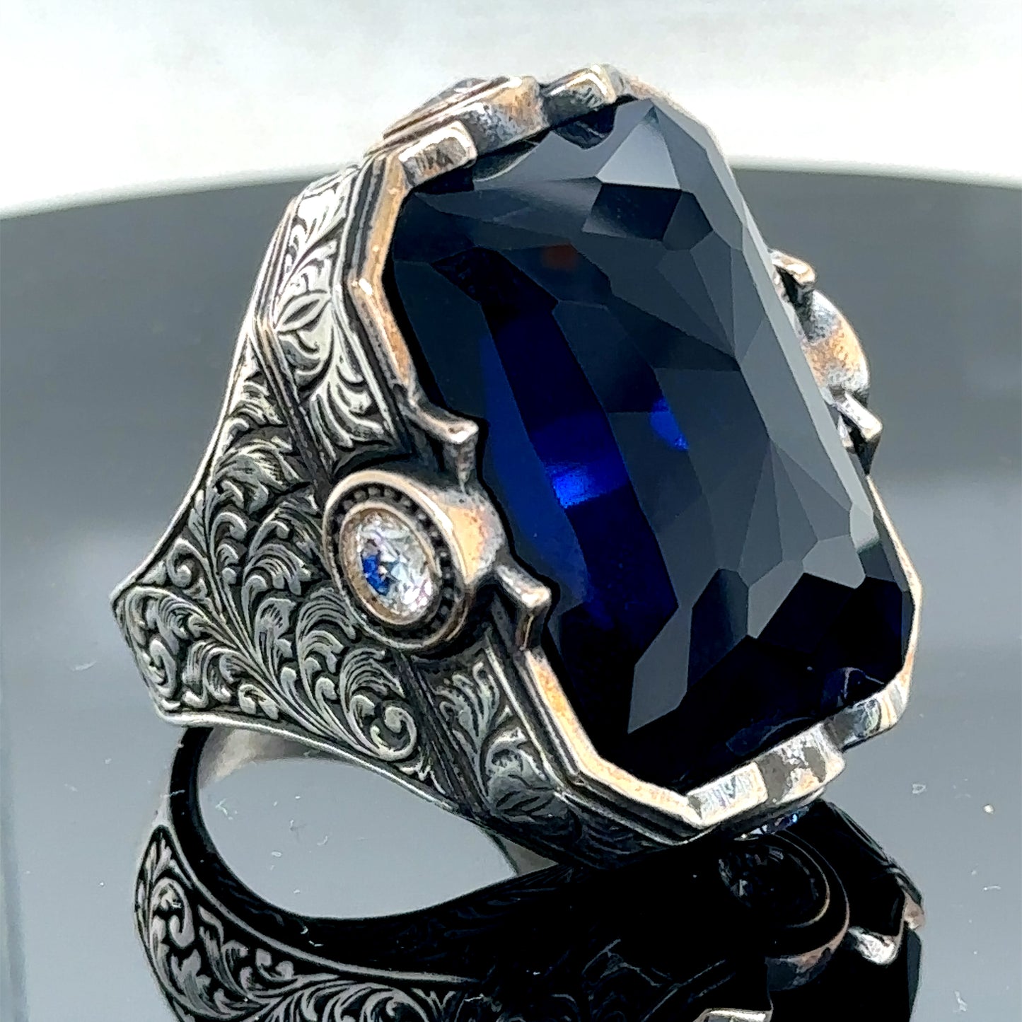 Men Silver Ottoman Style Large Sapphire Gemstone Ring