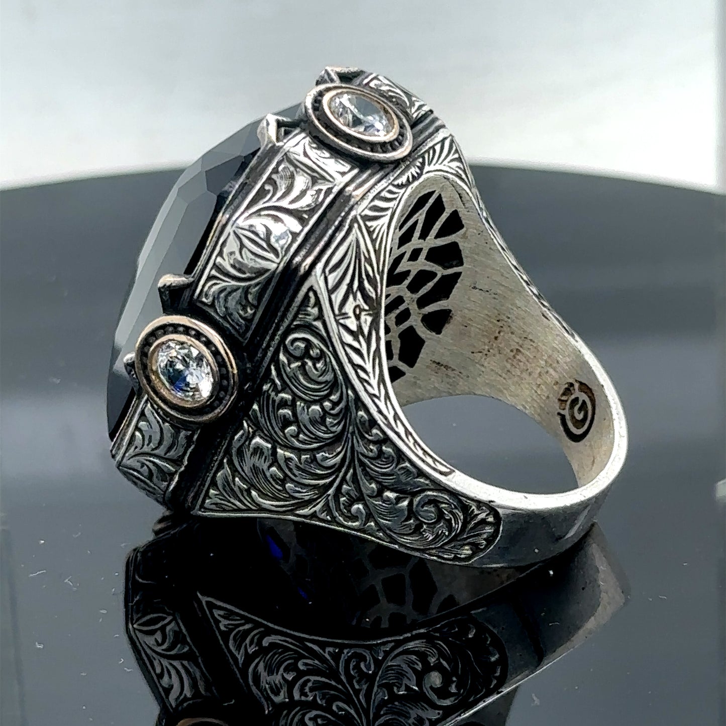 Men Silver Ottoman Style Large Sapphire Gemstone Ring