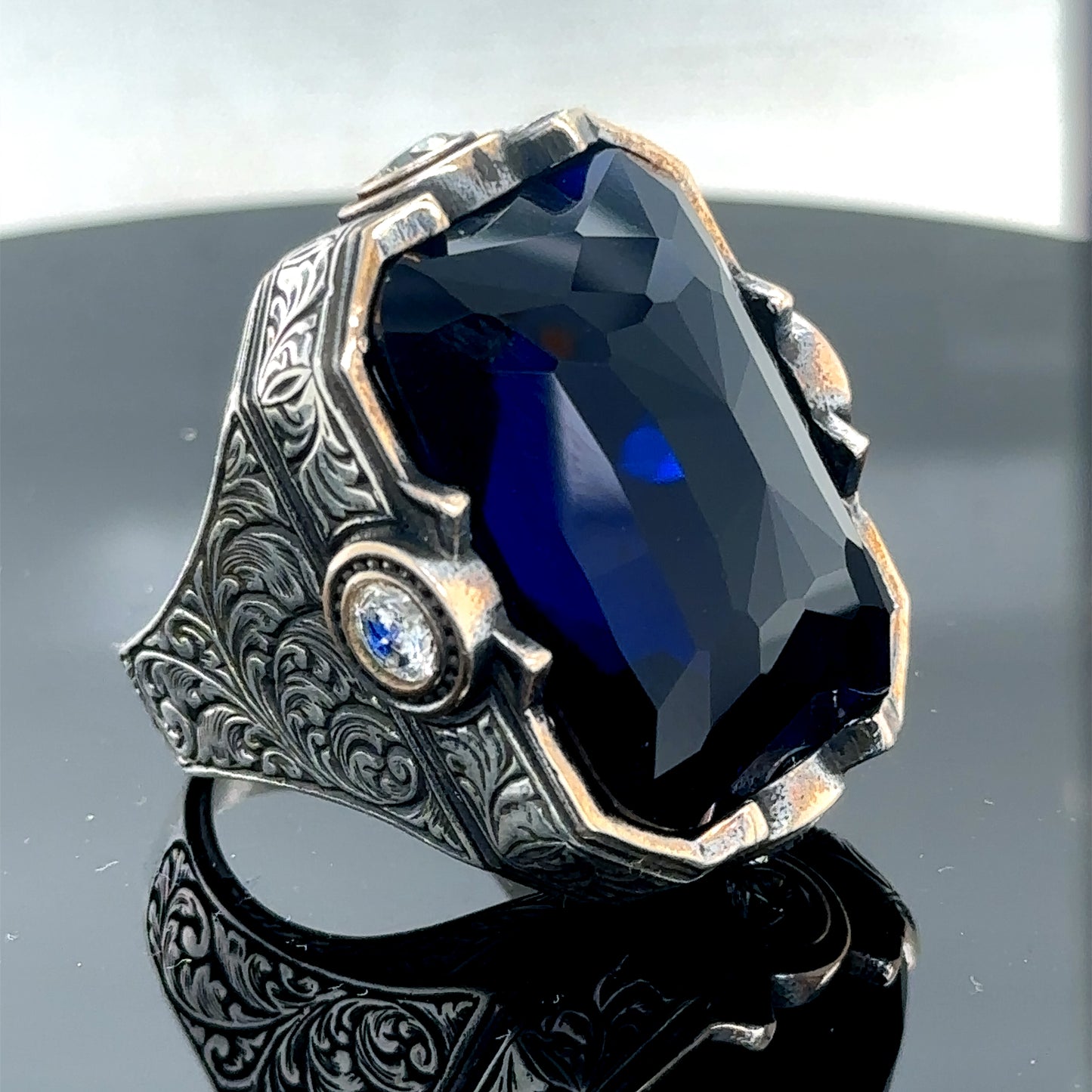 Men Silver Ottoman Style Large Sapphire Gemstone Ring