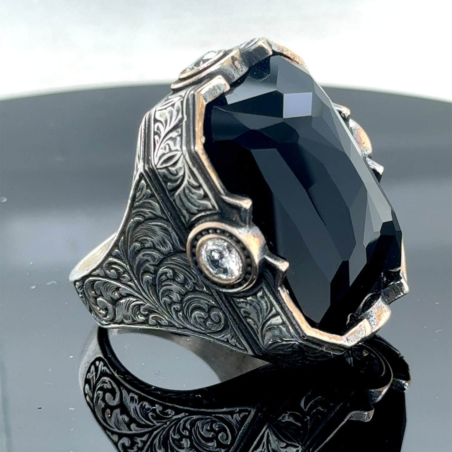 Men Silver Handmade Engraved Large Onyx Gemstone Ring